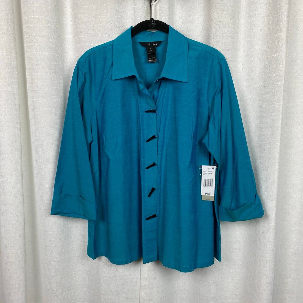 Ali Miles Peacock Blue Button Front Blouse Sz.L Petite NWT